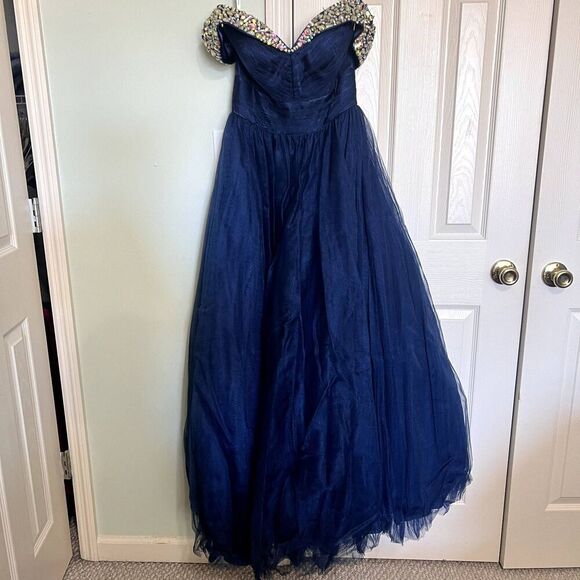 Tiffany Designs‎ Navy Prom Dress Off Shoulder Size 8 - Picture 3 of 7